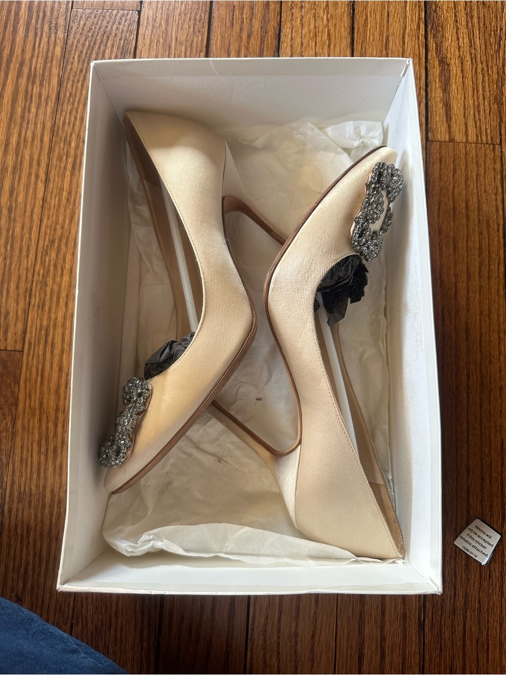 Manolo Blahnik Ivory Satin Pumps with Crystal Buckle